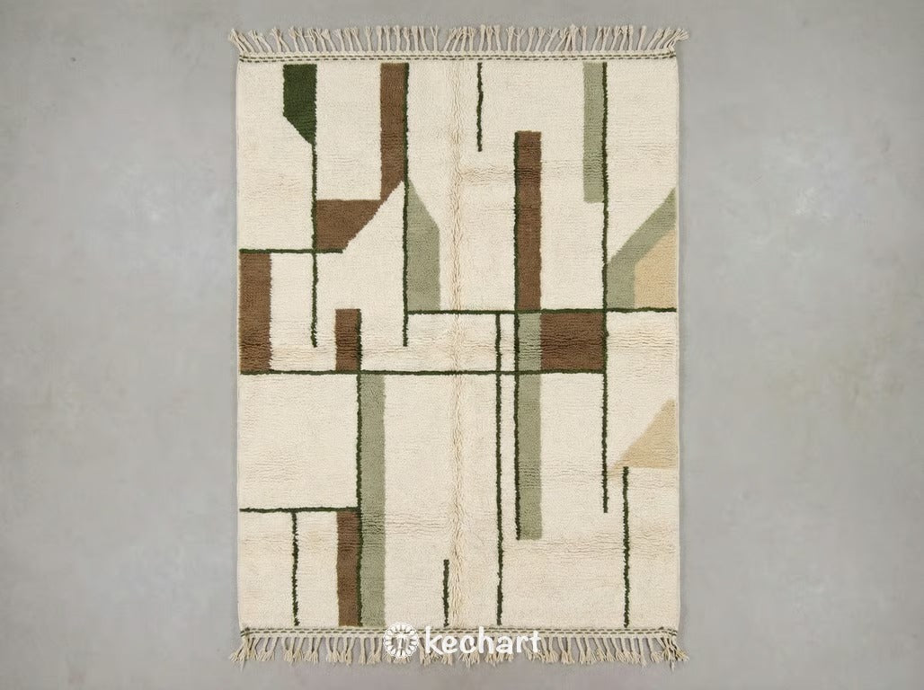 Custom made Beni Ourain Moroccan wool rug featuring geometric diamond patterns in earthy tones of olive grove, raw umber, sage green, and classic beige with traditional fringe.