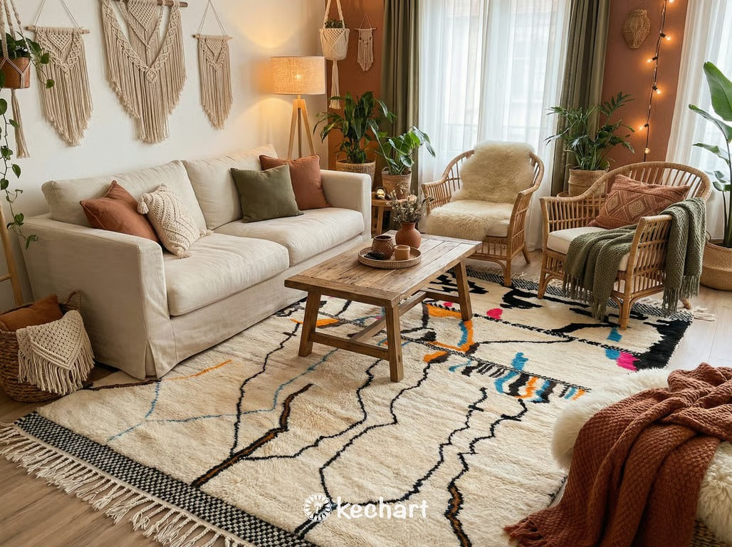 Handwoven Berber wool rug with diamond pattern defining a stylish home office space, complementing mid-century modern furniture.