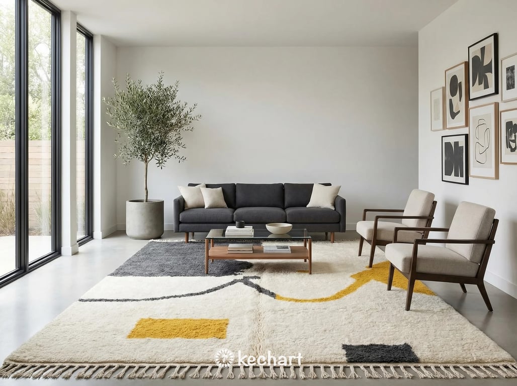 Luxurious made-to-order Beni Ourain wool rug placed beneath a queen-sized bed in a bohemian bedroom setting, showing the thick, shaggy pile and geometric design.