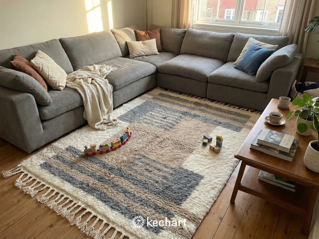 Custom Beni Ourain Rug - Handwoven Moroccan Wool, Grey & Taupe Geometric Diamonds