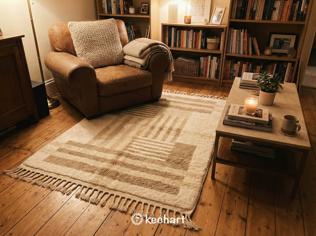 Custom Size Beni Ourain Rug - Plush Moroccan Wool Area Rug, Cream & Beige