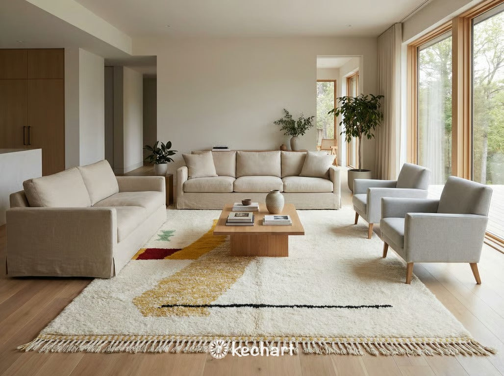 Large Custom Made Moroccan Wool Shag Rug in a Minimalist Master Bedroom Under a King Size Bed adding warmth and texture