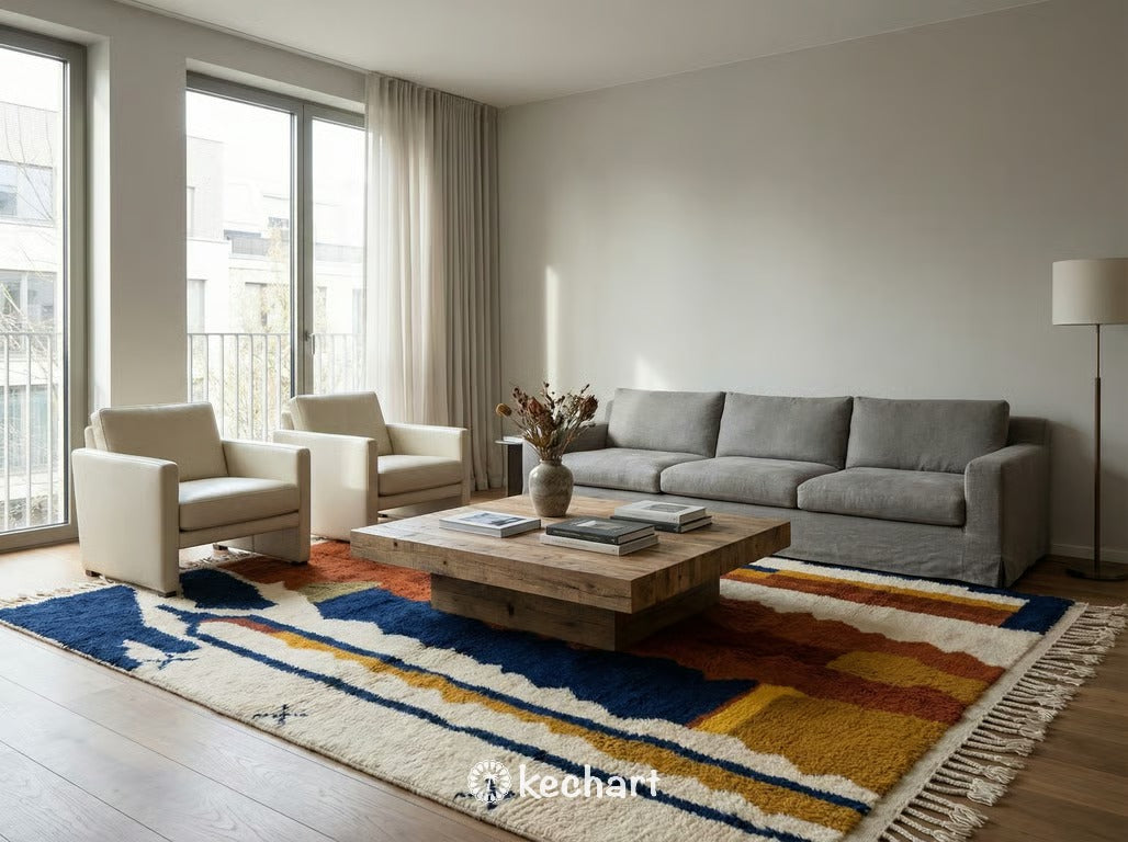 Made to order colorful Moroccan shag rug anchoring a bohemian living room with a neutral linen sofa, wooden coffee table, and abundant plants.