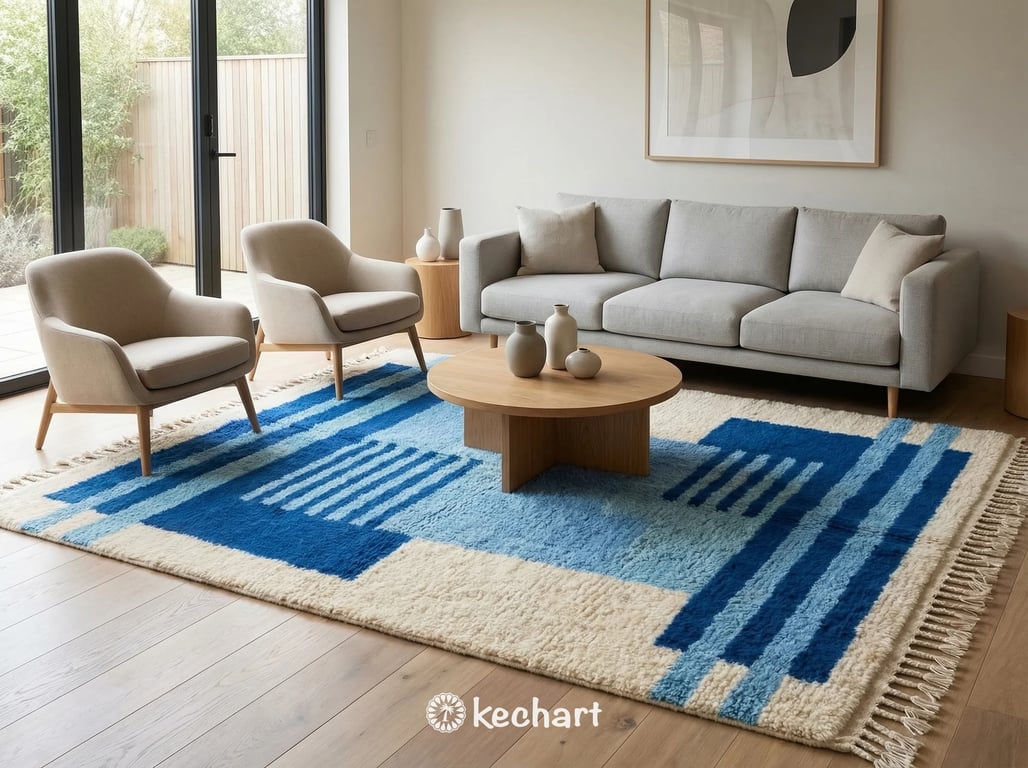 Large custom Moroccan area rug anchors a modern bohemian living room, featuring a cream base with blue diamond motifs under a white linen sofa and reclaimed wood coffee table.