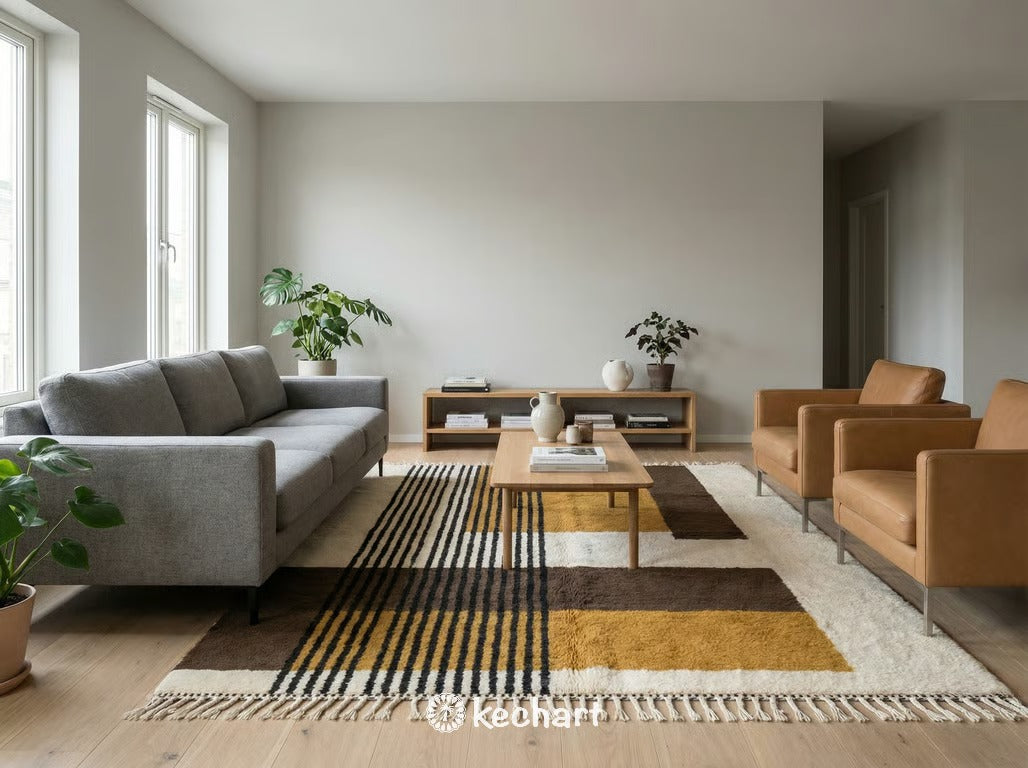 Large custom size Moroccan wool area rug anchoring a design-conscious living room, placed beneath a linen sofa and reclaimed wood coffee table.