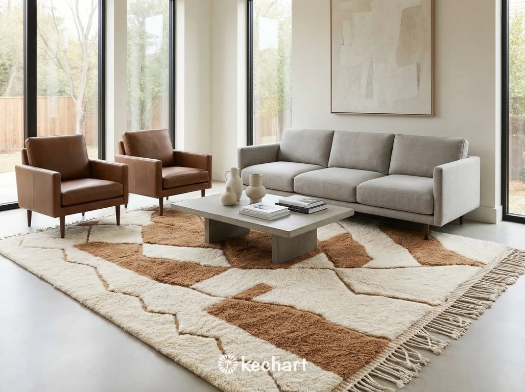 Made to order Berber rug from Morocco displayed in a sunlit bohemian apartment, highlighting the organic variations in the natural wool and the hand-knotted fringe details.