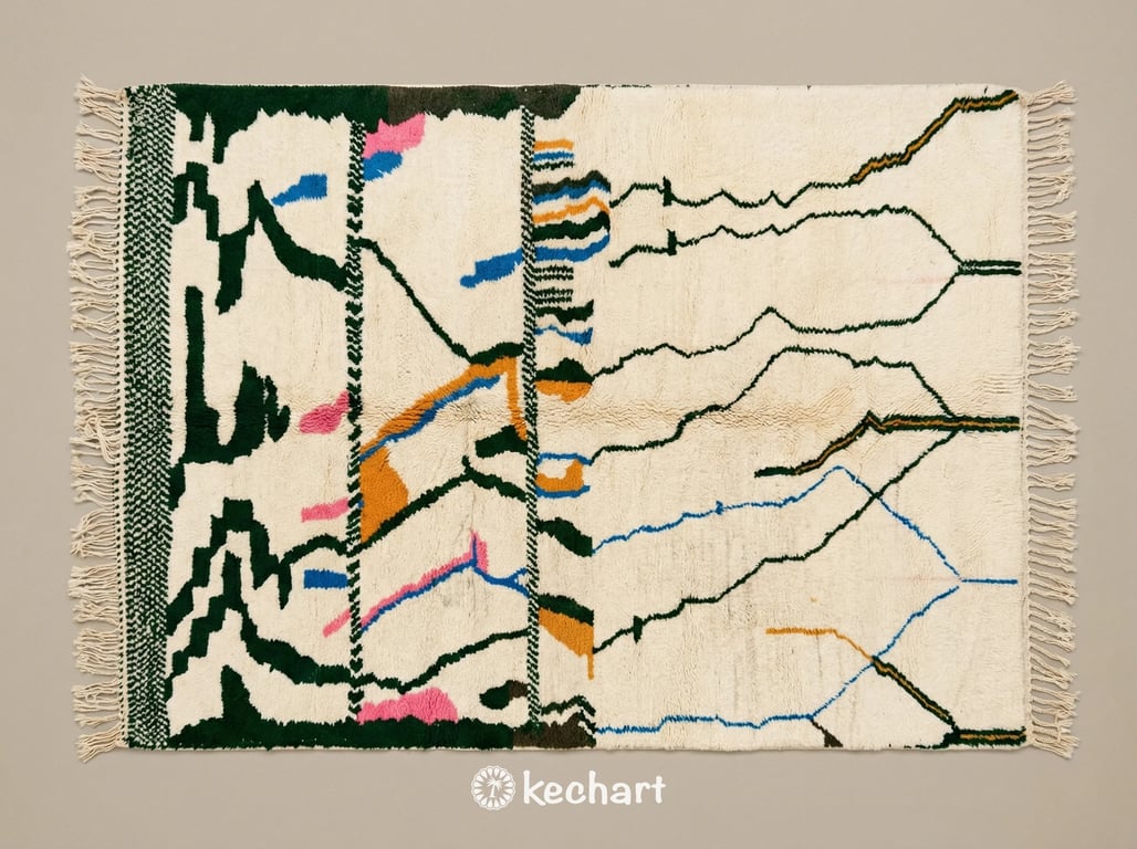 Custom made to order Beni Ourain Moroccan rug flat lay showing plush wool texture and geometric diamond pattern in Moroccan blue, Aztec gold, and fir green on a soft white base with traditional fringe.