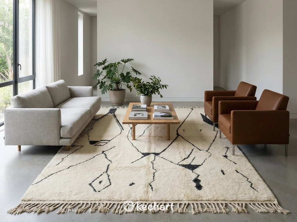 Plush Moroccan Beni Ourain Area Rug in a Modern Bohemian Living Room Setting with White Sofa and Wooden Floors