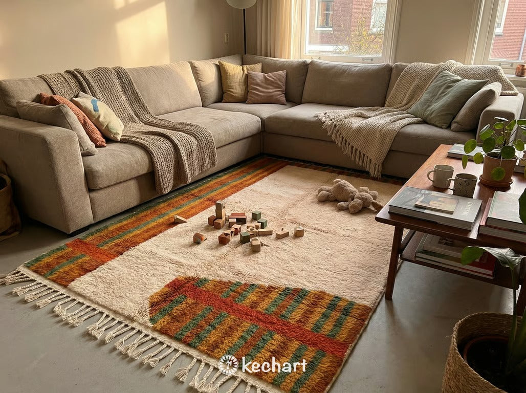 Custom Beni Ourain Rug | Handmade Moroccan Wool | Rust & Pesto Diamond Geometric