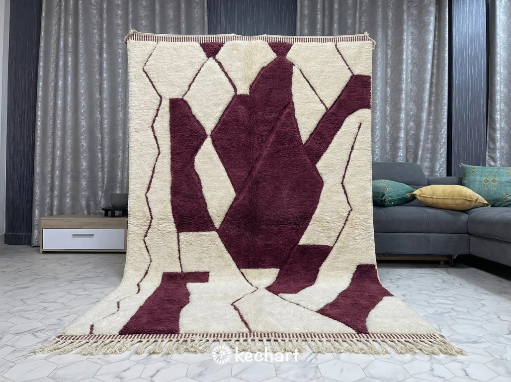 Custom Beni Ourain Moroccan Rug - Cream and Bordeaux Diamond Pattern