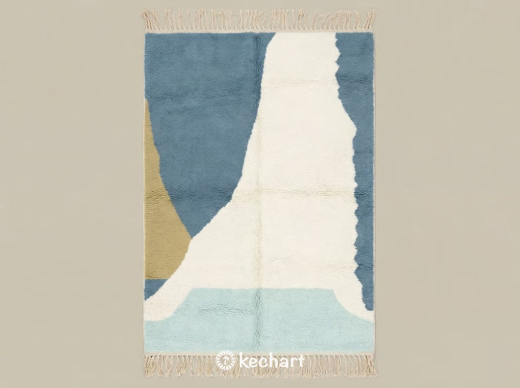 Custom Size Beni Ourain Moroccan Rug flat lay, handwoven geometric diamond pattern in Dusty Blue, Aqua Haze, Sand, and Soft White wool showing plush texture and traditional fringe.