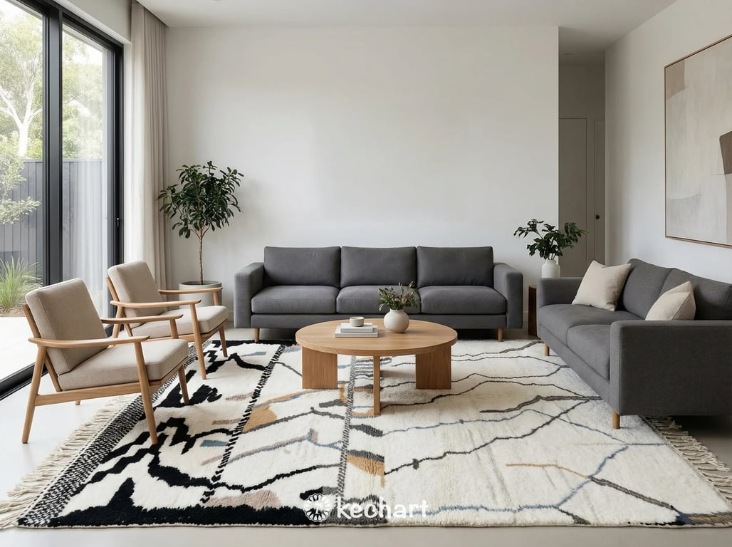 Large custom Beni Ourain area rug anchored in a minimalist living room, adding texture beneath a neutral linen sofa and reclaimed wood coffee table.