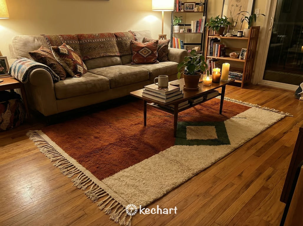 Custom Size Beni Ourain Rug - Handwoven Moroccan Wool, Rust & Beige Diamonds