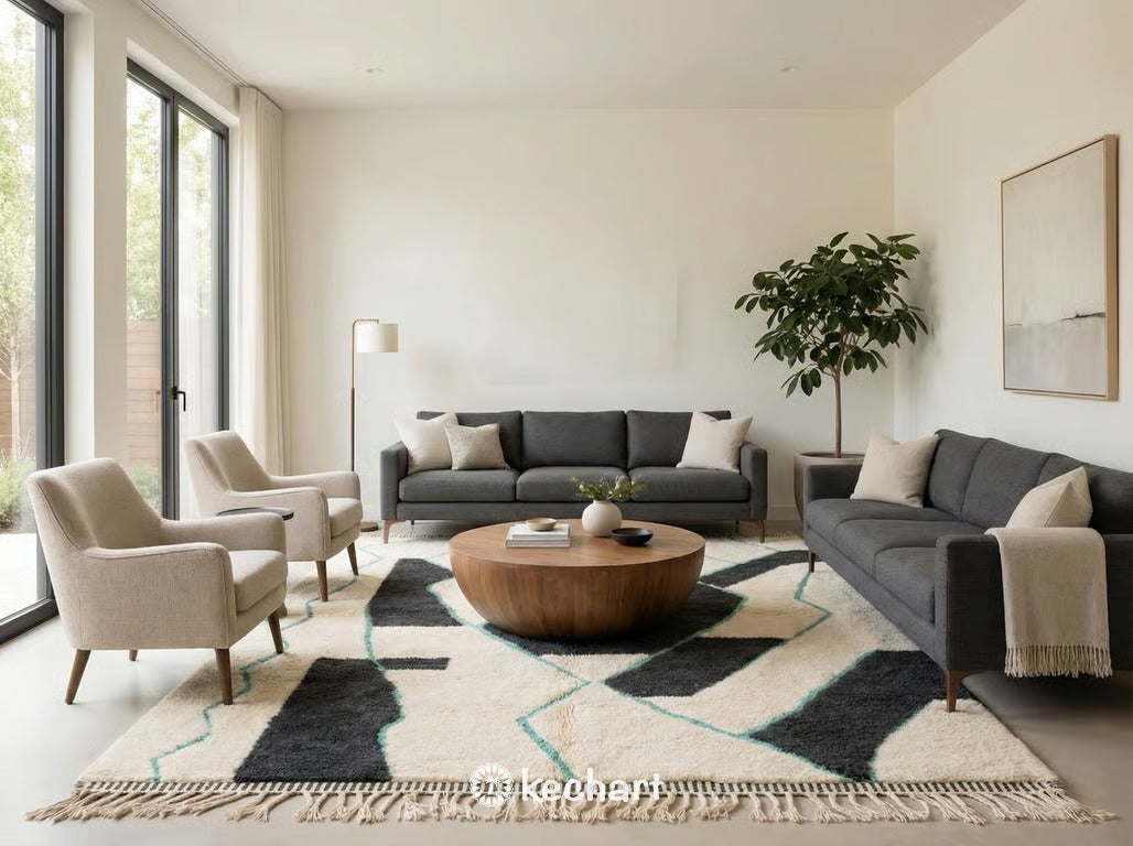 Plush Beni Ourain shag rug shown at the foot of a bed in a calm, minimalist bedroom, adding warmth with its creamy fibers and subtle geometric design.