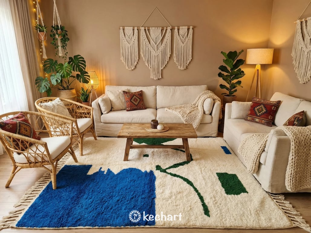 Bohemian chic dining space featuring a custom sized Beni Ourain rug containing blue and green diamond shapes as a focal point under a wooden table.
