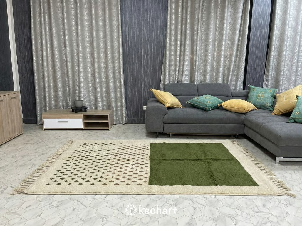 Custom Made Beni Ourain Rug - Handwoven Moroccan Wool in Olive Grove & Beige