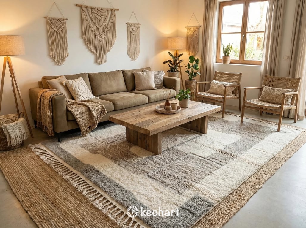 Plush shag Beni Ourain rug placed beneath a bed frame in a serene master bedroom, highlighting the soft taupe and sand tones against hardwood floors.