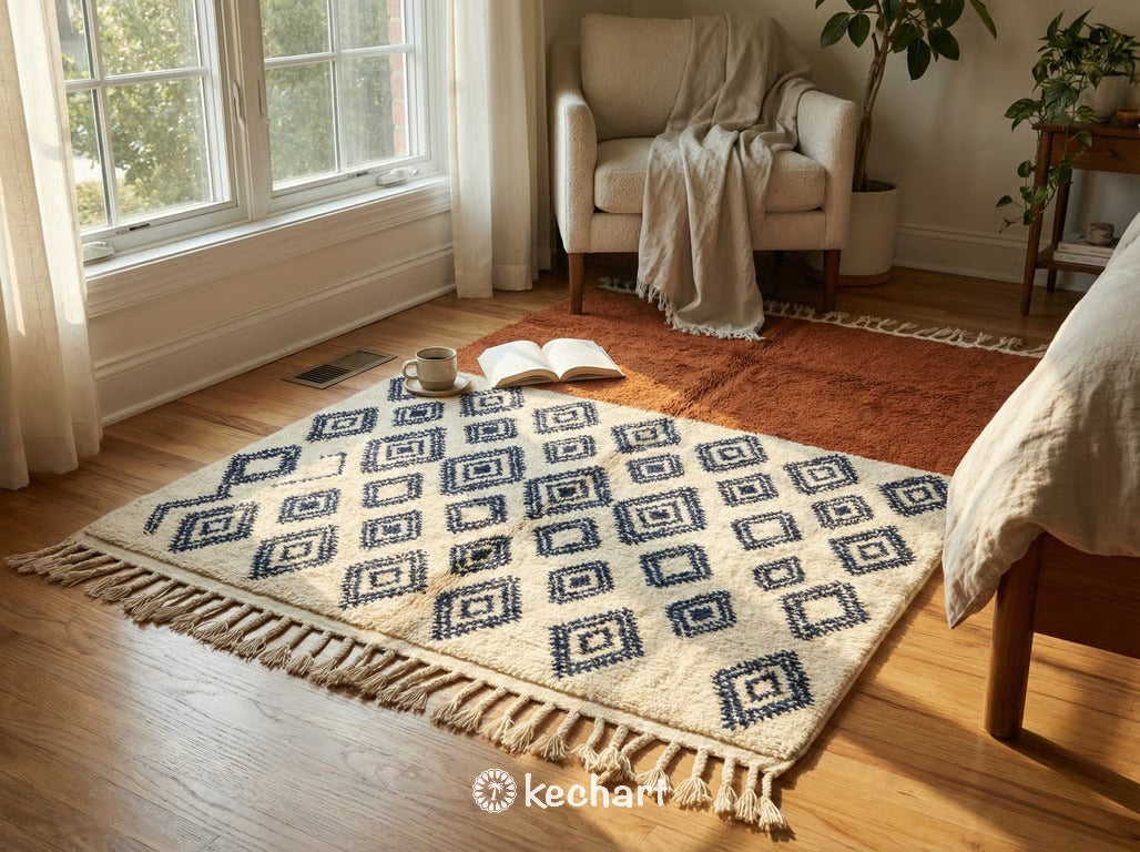 Made to Order Beni Ourain Rug - Custom Moroccan Wool, Rust & Navy Diamonds