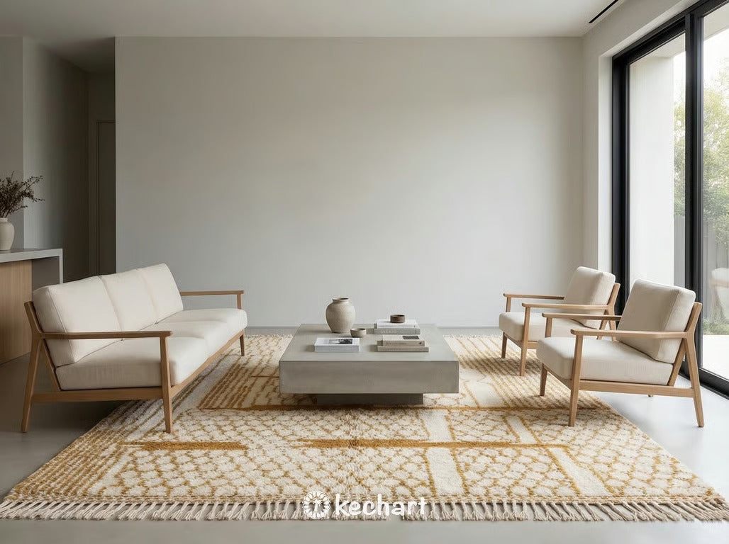 Cozy minimalist bedroom with a fluffy custom Moroccan Berber rug on hardwood floors beneath a platform bed