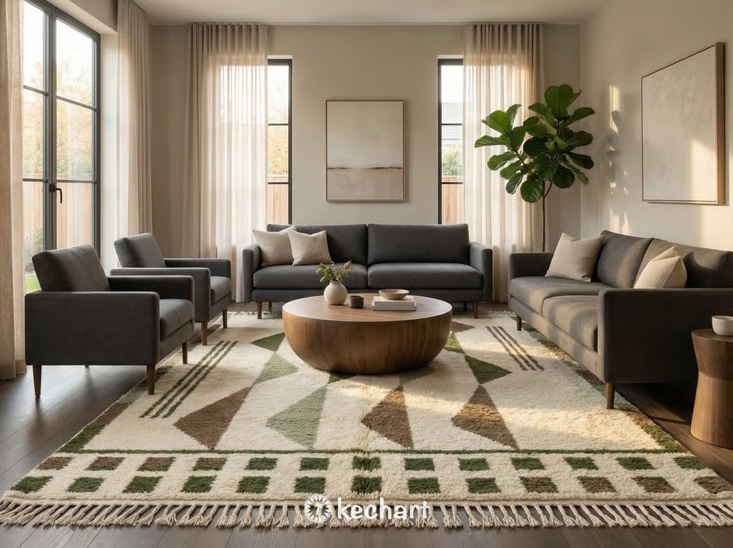 Close up detail shot of handwoven Atlas wool texture and traditional fringe on a custom olive and beige Berber rug.