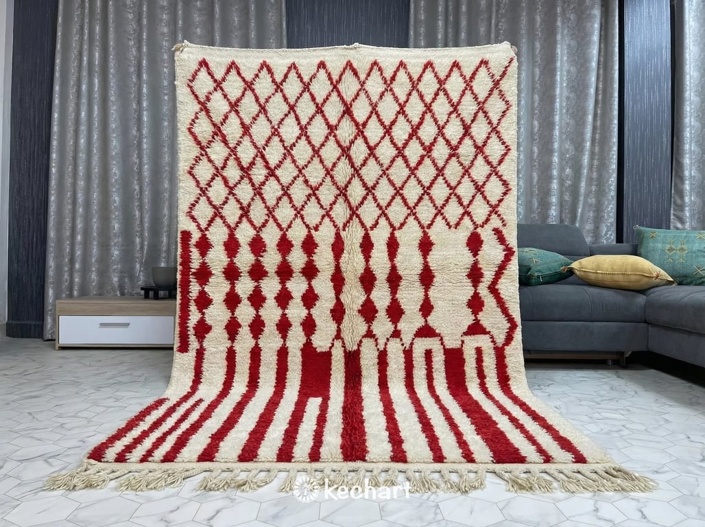 A custom runner-sized red Beni Ourain rug in a minimalist entryway, providing a vibrant pop of color against light wood floors and white walls.
