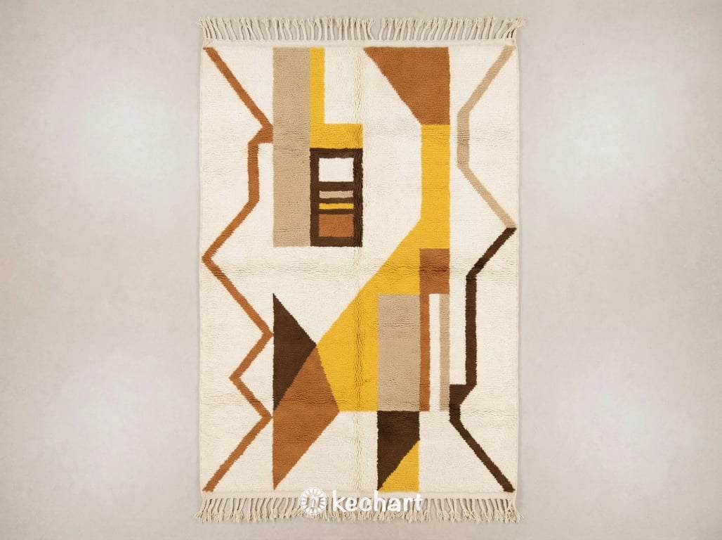 Custom made Beni Ourain Moroccan wool rug flat lay showing plush shaggy texture and geometric diamond pattern in warm Sierra, Saffron, Sandy Beige, and Leather Brown colors with traditional fringe.