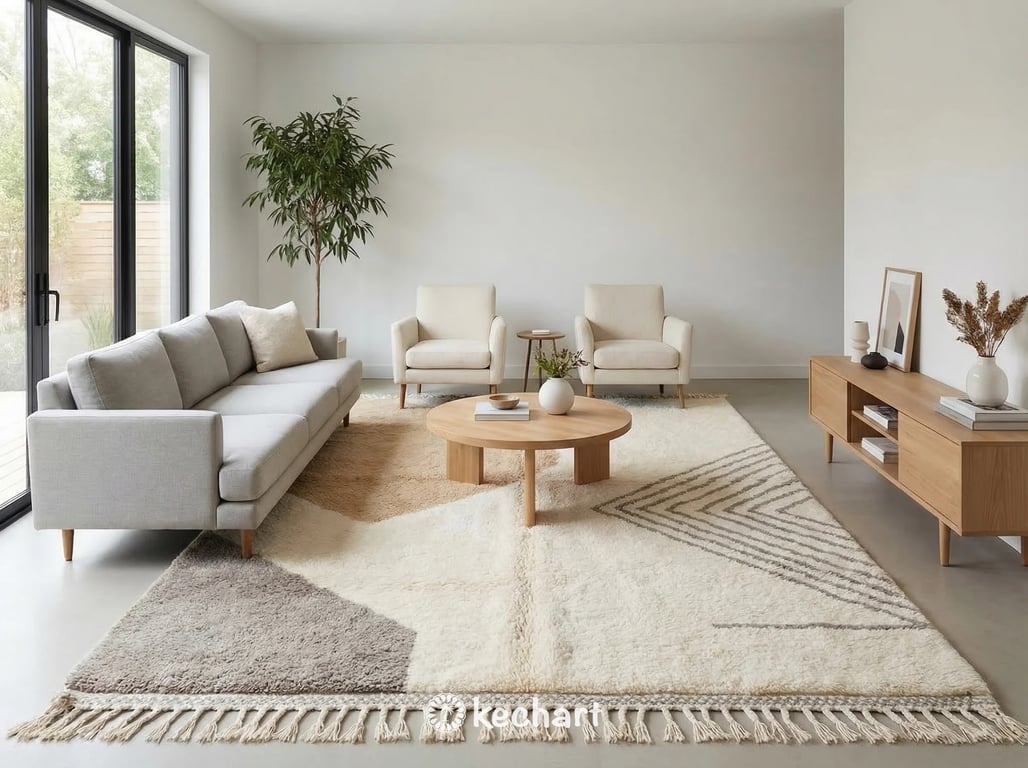 Expansive view of a large bespoke Moroccan area rug defining an open-plan living space with modern furniture and natural light.