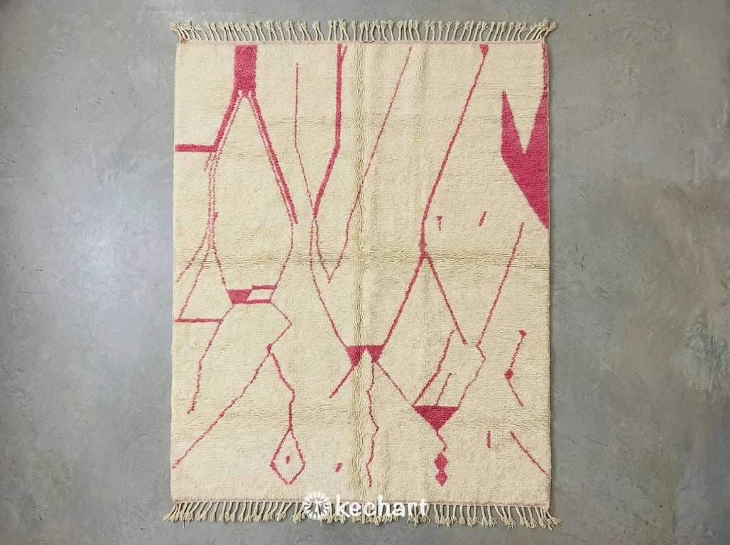 Custom Beni Ourain Moroccan Rug Handwoven Cream and Candy Pink Geometric Diamond Pattern with Shaggy Wool Texture and Fringe