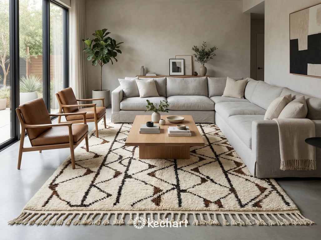 Handwoven bespoke Moroccan wool rug shown in a spacious minimalist dining area, contrasting warm earth tones against cool concrete floors.