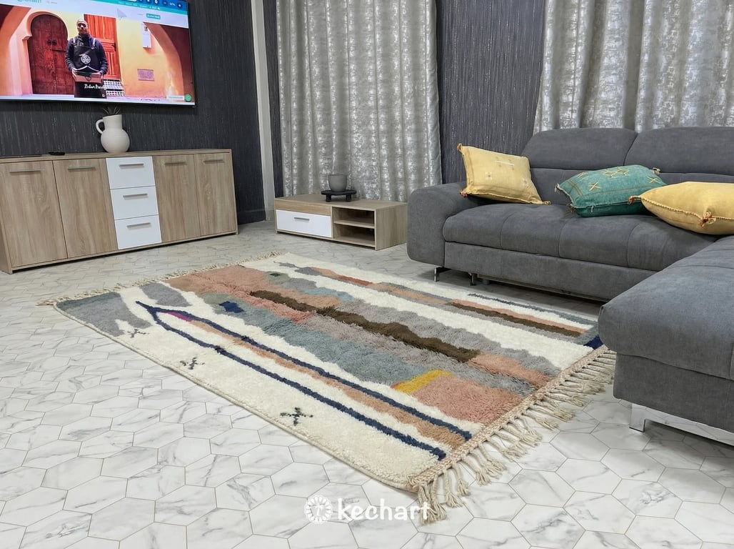 Custom Beni Ourain Rug - Handwoven Moroccan Wool, Soft White & Grey Diamonds