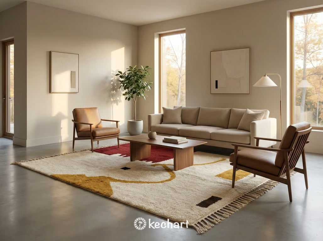 A wide shot of a custom-sized geometric Moroccan rug defining a dining space in a minimalist home, contrasted against concrete floors and mid-century modern furniture.