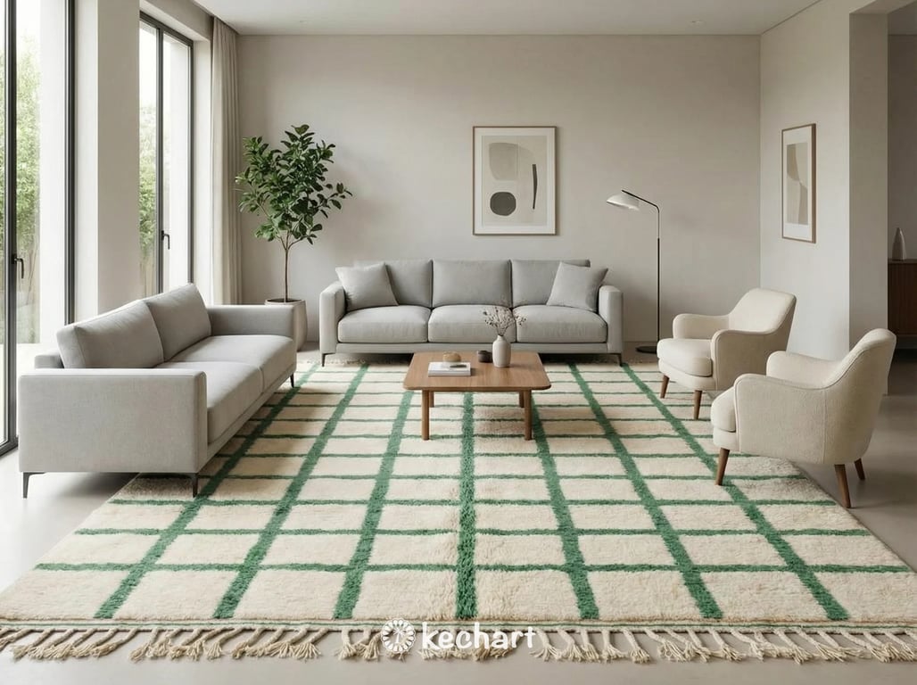 Cozy Moroccan Wool Rug with soft Green geometric lines providing warmth in a neutral chic Nursery or playroom environment.