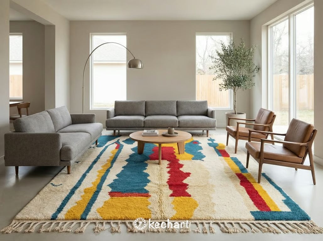 Handwoven Beni Ourain shag rug placed under a bed in a cozy master bedroom, adding warmth and colorful geometric design accents.