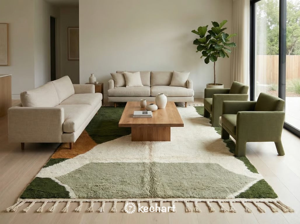 A large, custom-sized earthy geometric Moroccan rug anchoring a contemporary living room with a neutral linen sofa and wooden coffee table.
