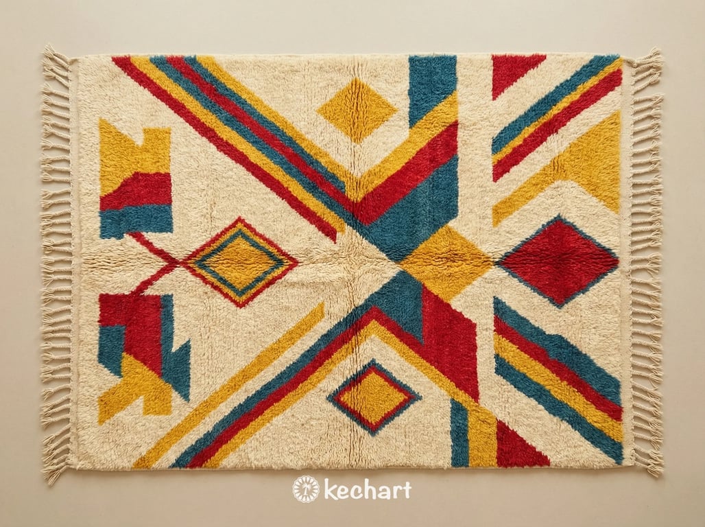 Custom made Beni Ourain Moroccan rug flat lay showing plush wool texture, cream base with vibrant saffron, red, and Mediterranean blue geometric diamond patterns and traditional fringe.