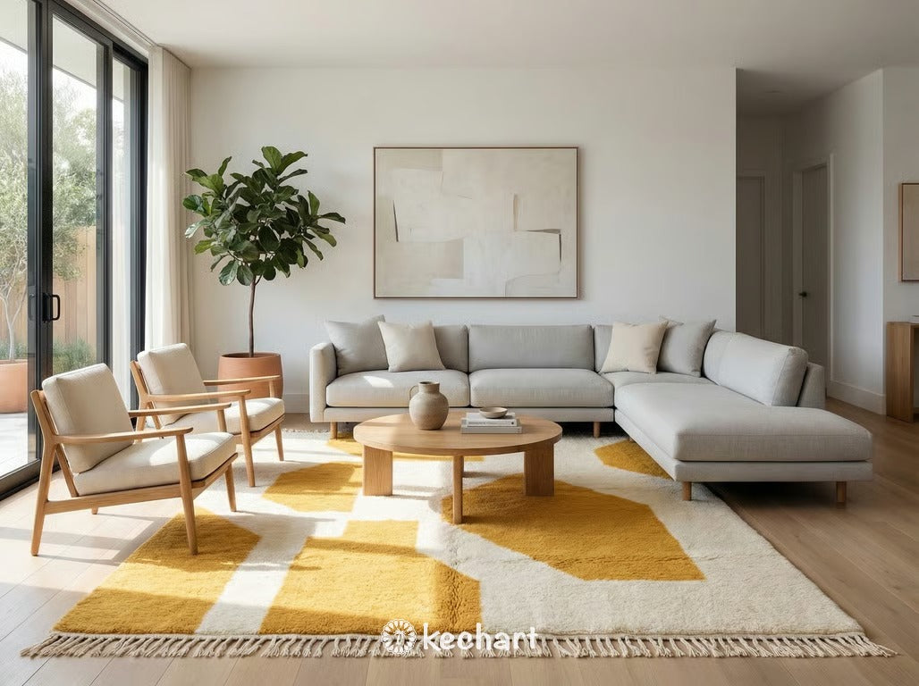 Large custom Moroccan Beni Ourain area rug in cream and saffron tones, anchoring a modern bohemian living room with a neutral linen sofa and rustic wooden coffee table.