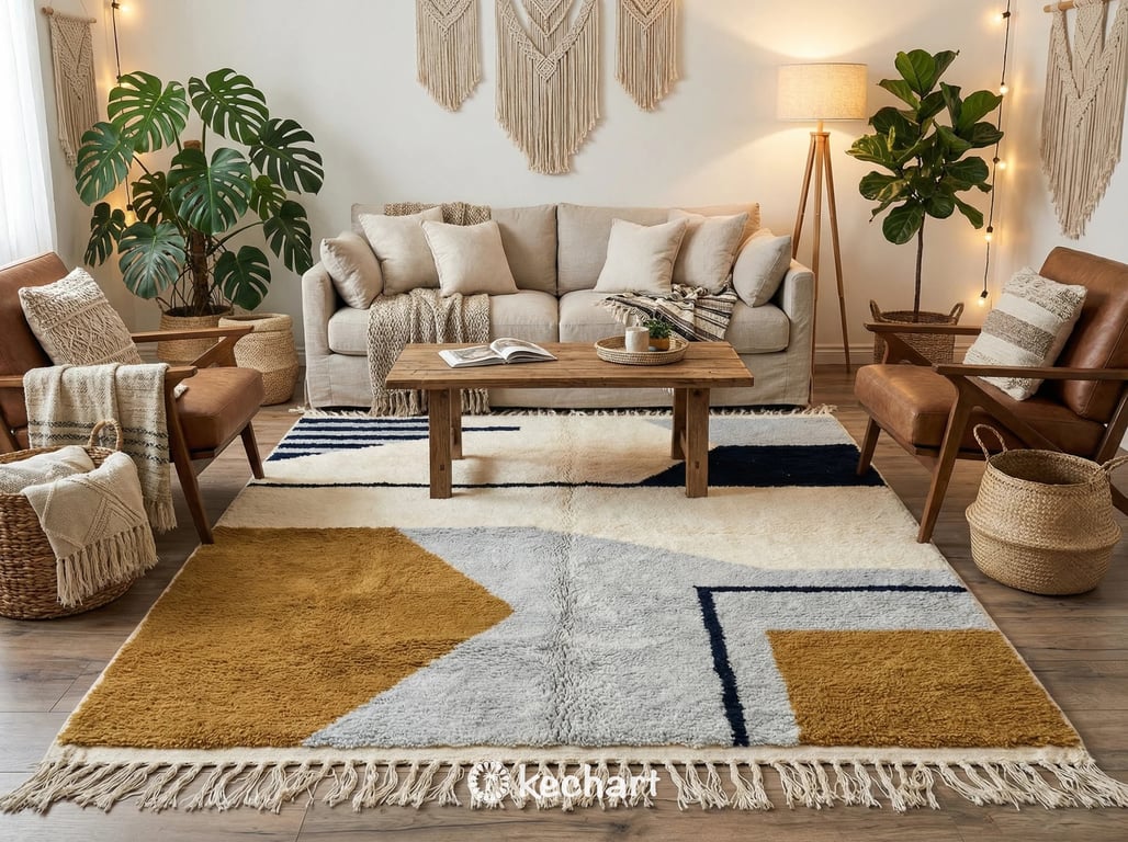 Made to order Beni Ourain area rug placed in a minimalist bedroom, adding warmth and texture under a queen bed with scandi style decor.