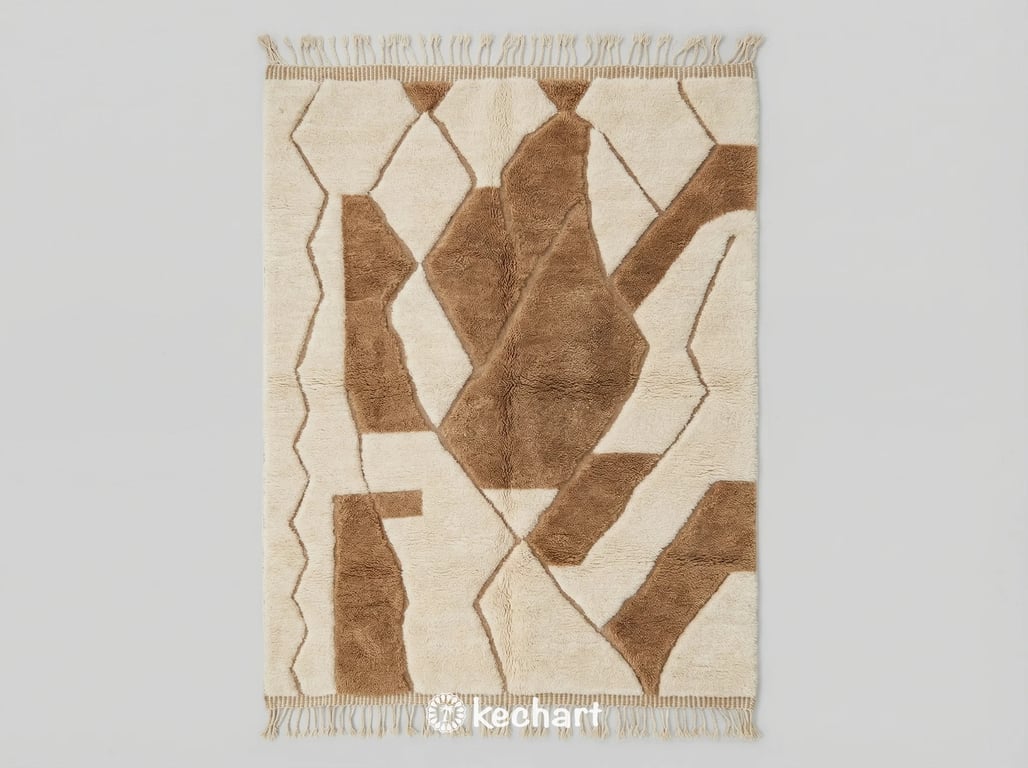 Flat lay view of custom made Beni Ourain Moroccan rug showing thick natural cream wool pile with soft greige diamond geometric pattern and traditional fringe edge.