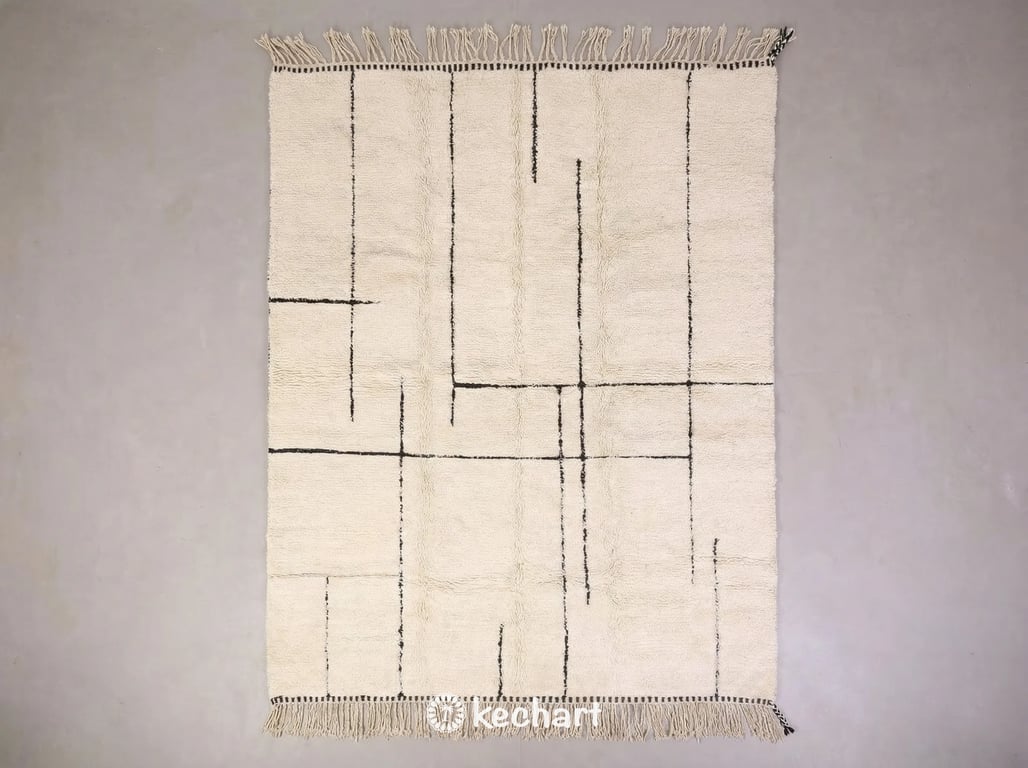 Custom made-to-order Beni Ourain Moroccan rug flat lay, showing thick cream wool pile with charcoal black and Arabian spice geometric diamond pattern and traditional fringe.
