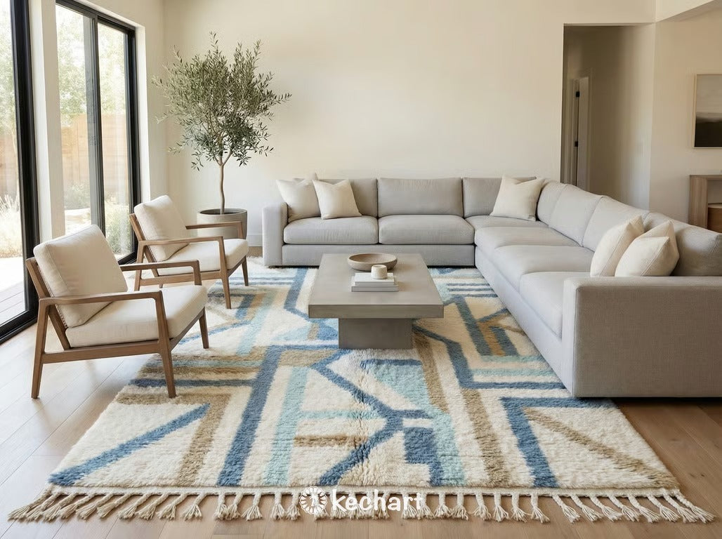 Plush blue and cream Beni Ourain area rug placed in a serene bedroom, adding warmth and texture under a king-sized bed.