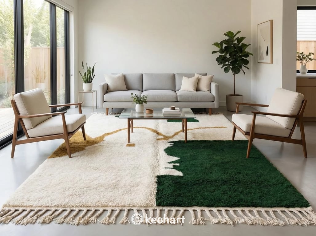 Large custom Moroccan Beni Ourain area rug anchoring a modern bohemian living room with a neutral linen sofa, highlighting the thick wool pile.