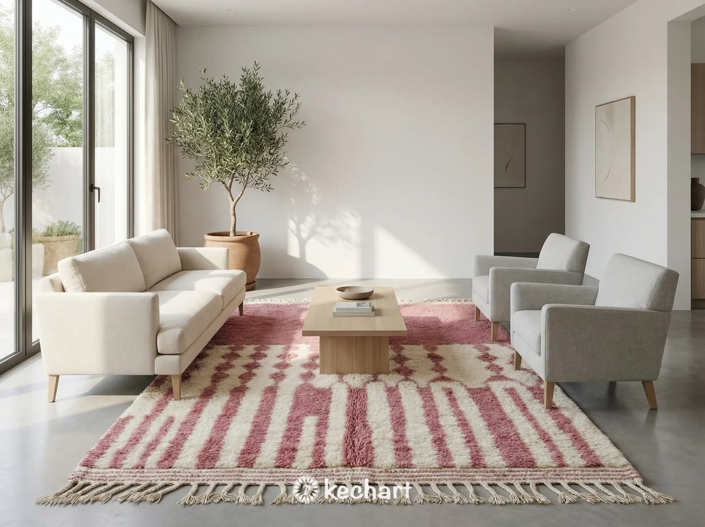 Soft shag Berber rug in slate rose geometric pattern, creating a cozy, sophisticated foundation for a stylish nursery or quiet reading corner.