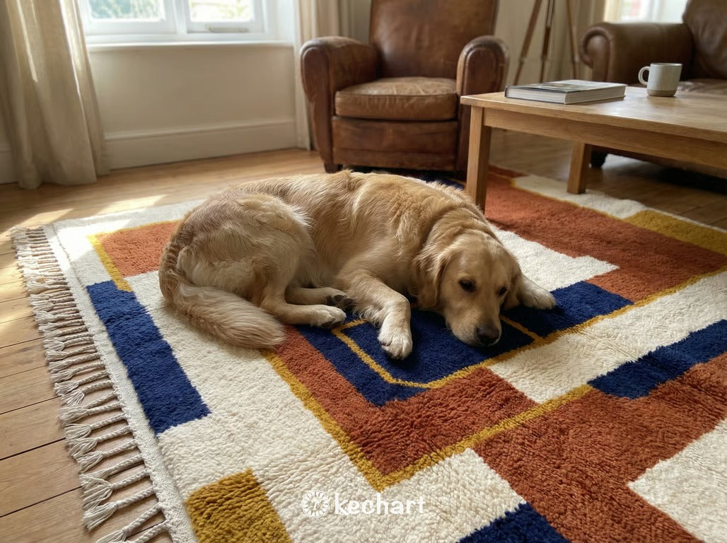 Custom Beni Ourain Rug - Made to Order Moroccan Wool with Rust & Navy Geometrics