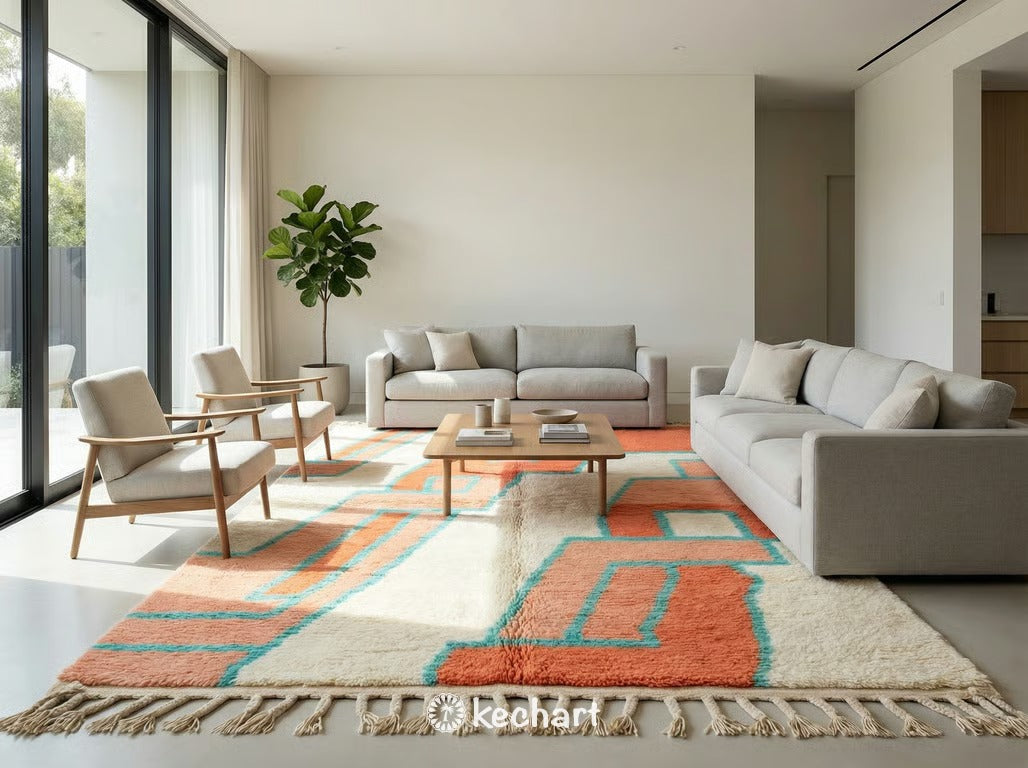 Close up detail of the high pile wool texture and traditional braided fringe of a custom Beni Ourain rug.