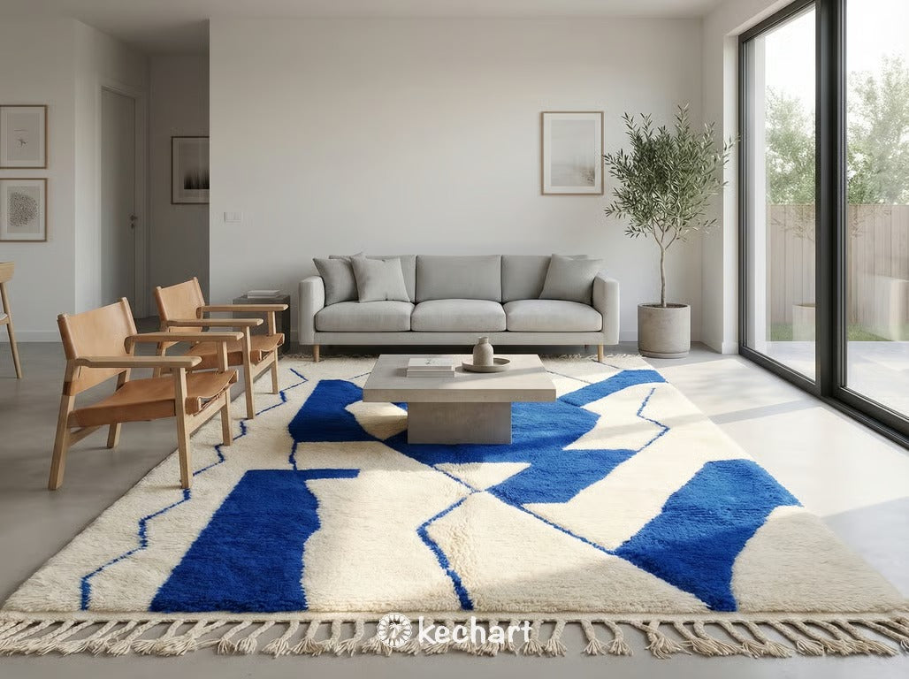 Styled bohemian living space featuring a made-to-order cream and cobalt Moroccan area rug layered over hardwood floors.