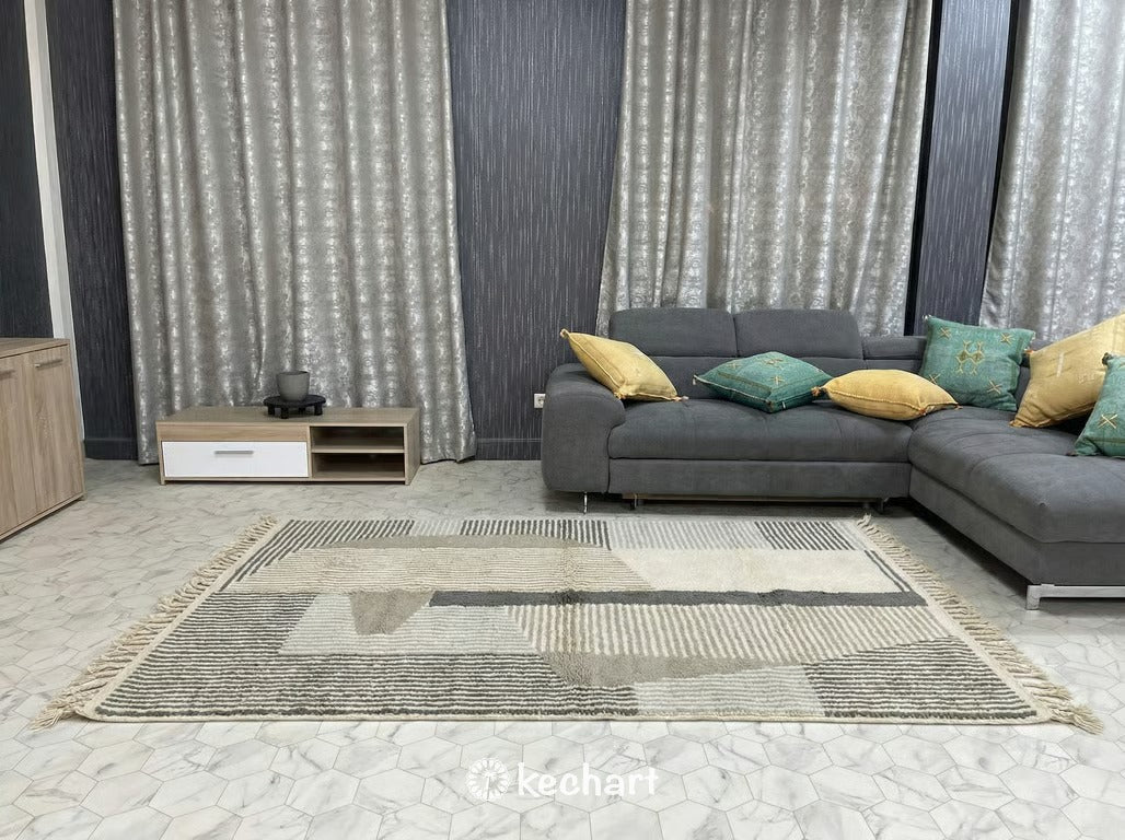 Custom Beni Ourain Moroccan Rug - Handwoven Wool in Grey & White Geometric Design