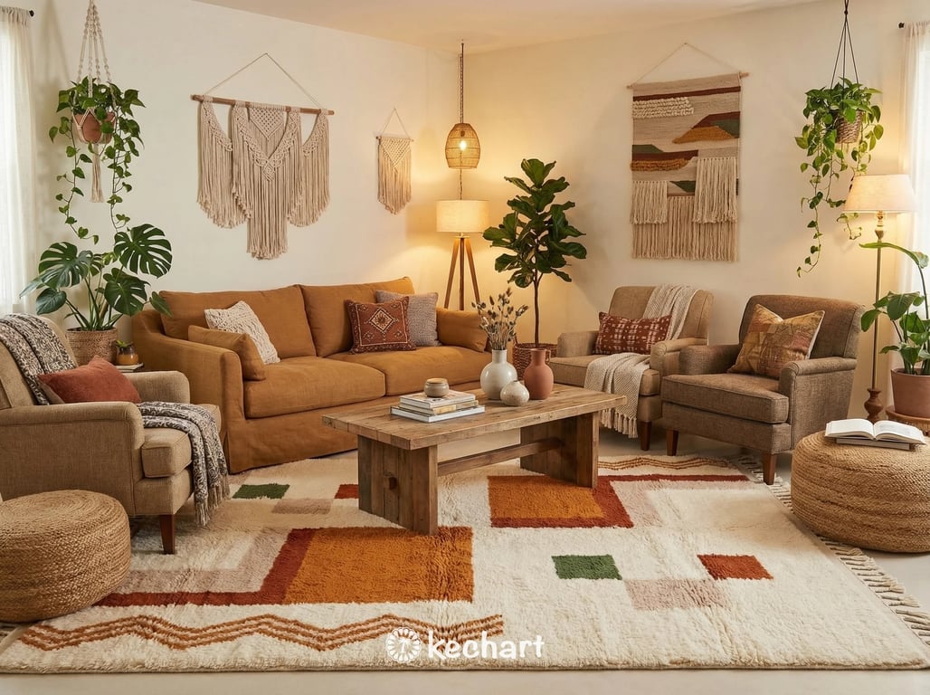 Made to order geometric wool rug with earth tones bringing organic character to a modern minimalist dining space.