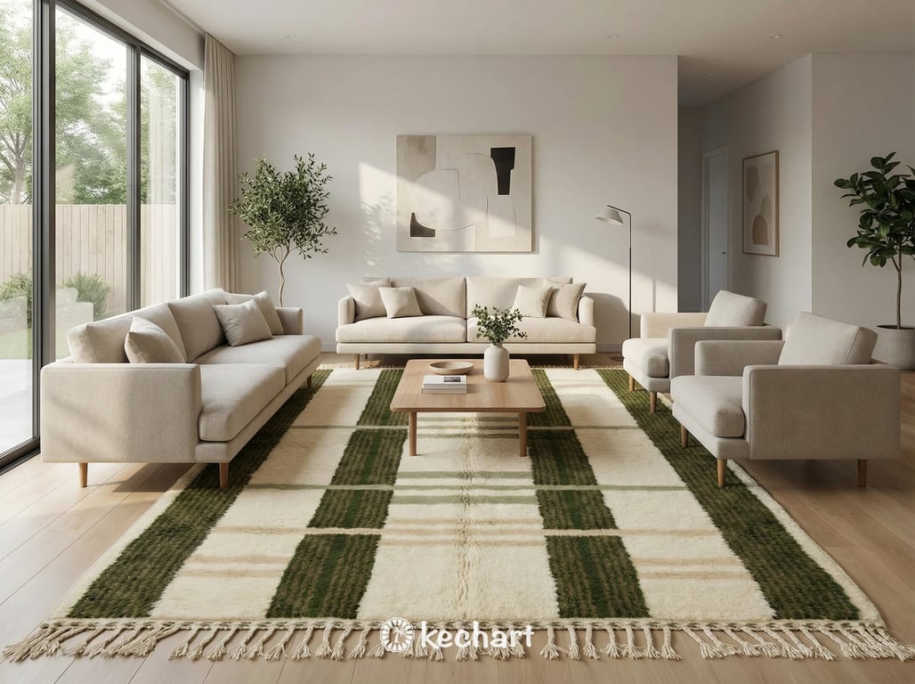 Close-up detail shot of the handwoven wool pile showing the thick texture and intricate weaving of the sage green and umber geometric lines against the beige base.