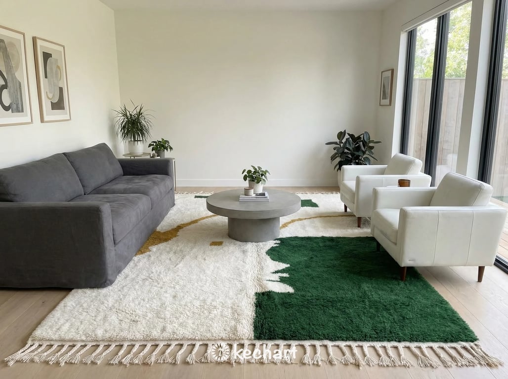 Cozy bedroom setting featuring a made-to-order shag Beni Ourain rug under a king-size bed, adding warmth with its white, gold, and green design.