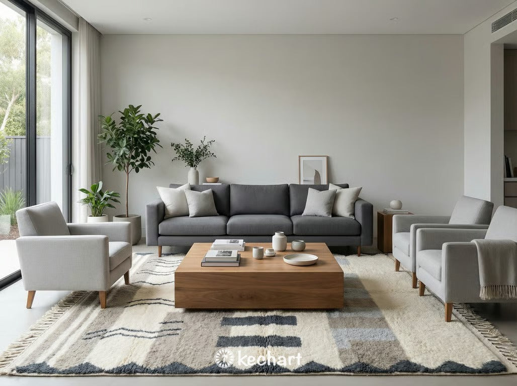 A smaller custom sized grey diamond patterned Moroccan rug in a neutral nursery, showing the versatile sizing options for different spaces.